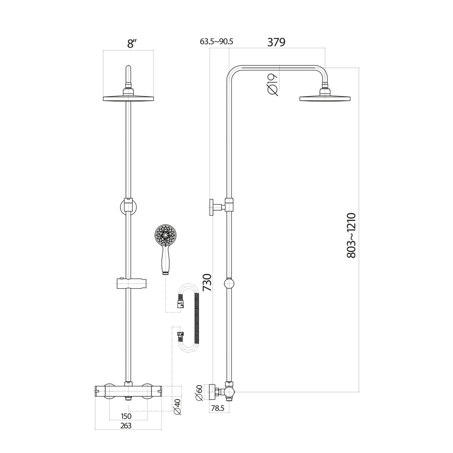 Black Thermostatic Bathroom Round Rigid Riser Shower