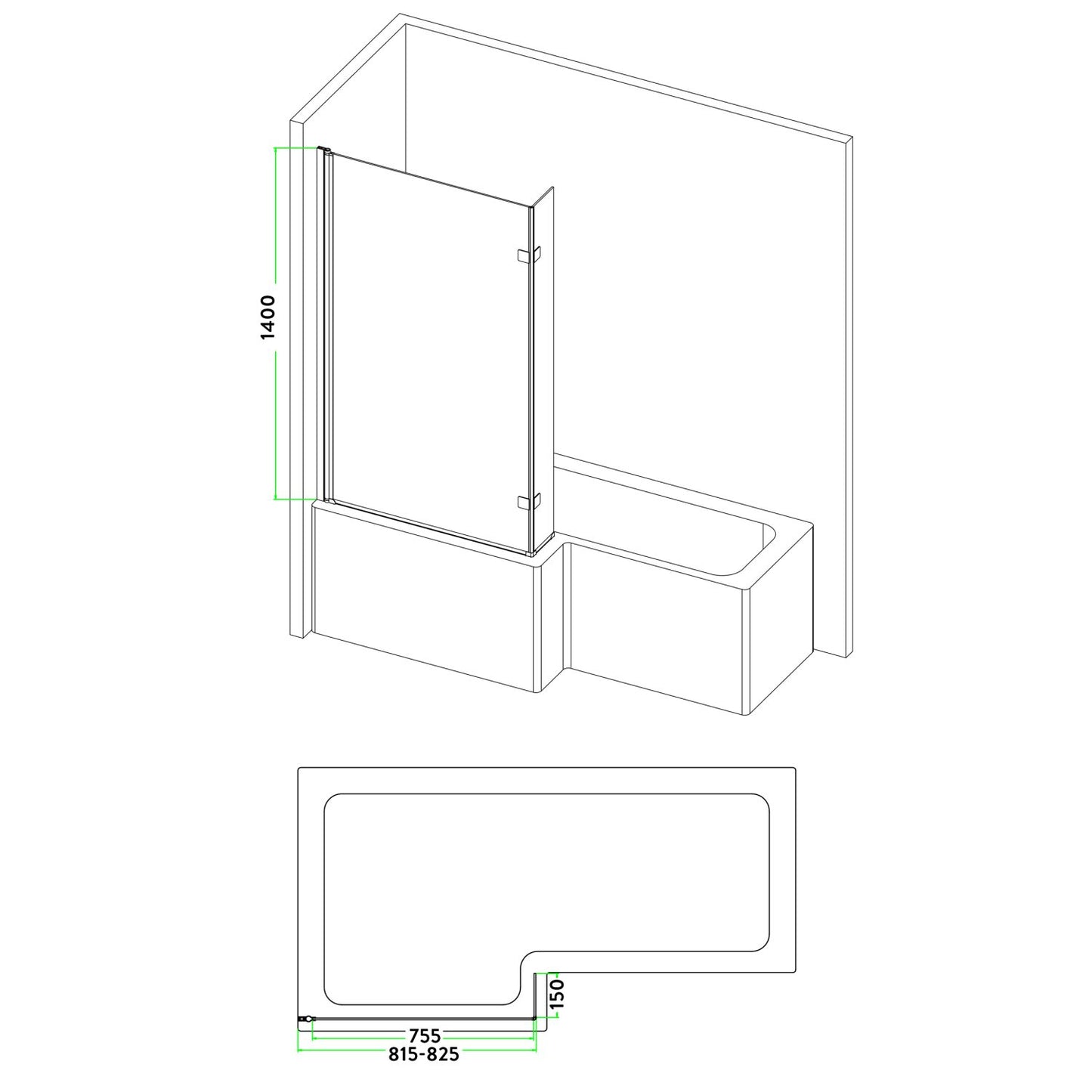 L Shape Black Profile Square Edge 6mm  Thick Bath Screen