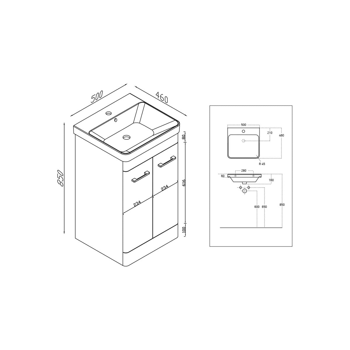 Rossini Floor Standing 500 Vanity Unit - Pebble Grey with Basin