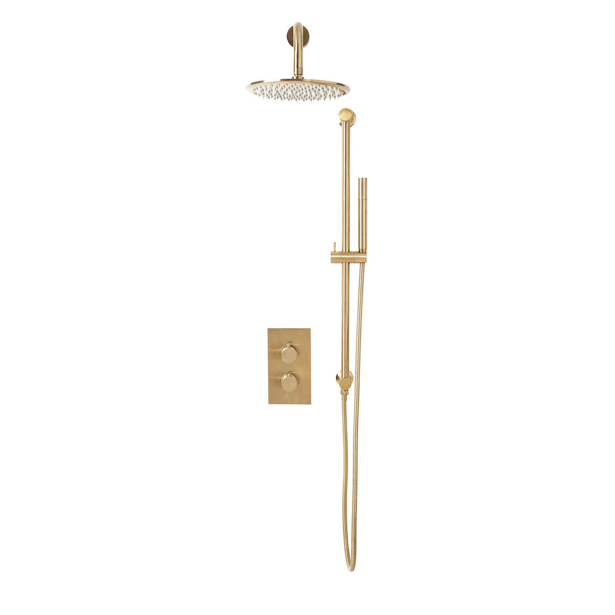 Brushed Brass Thermostatic Round Handle, Head & Handset Riser Kit