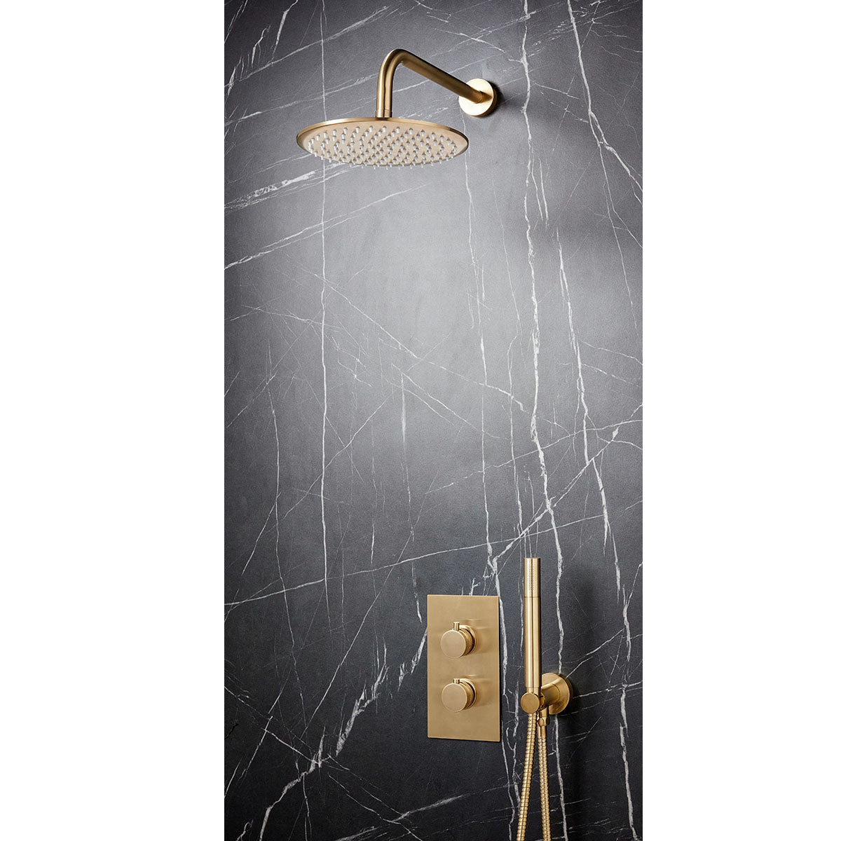 Brushed Brass Thermostatic Round Handle, Handset & Mounting Bracket