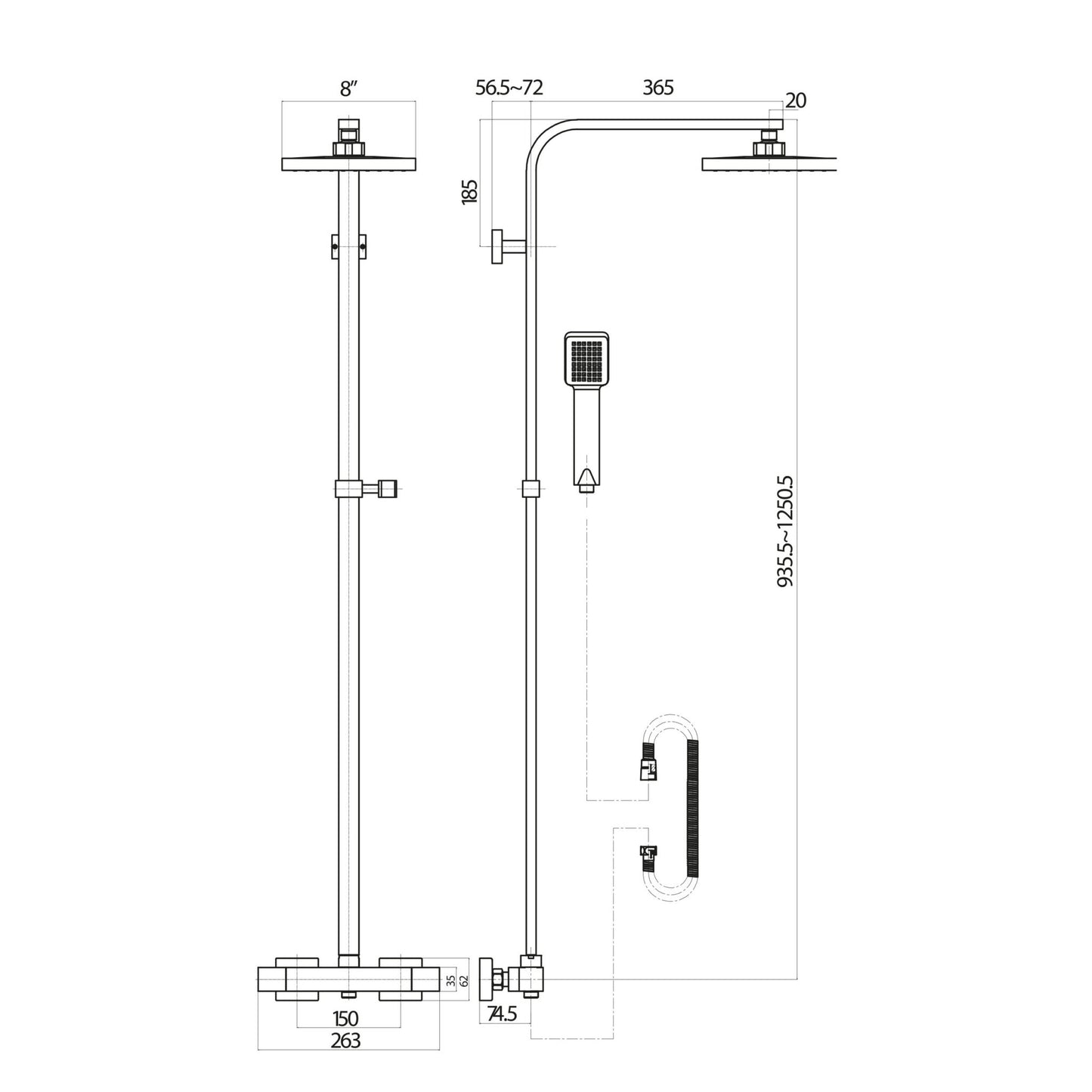 Lunar Black Square Rigid Riser Shower