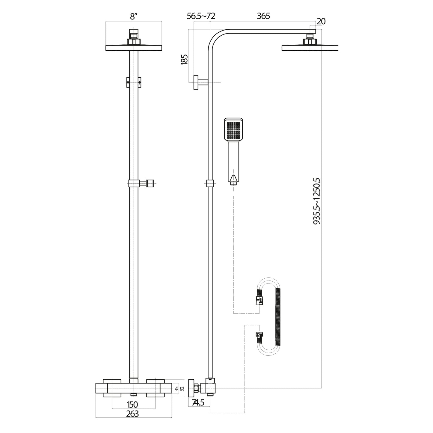 Elliot Brushed Brass Thermostatic Square Rigid Riser Bathroom Shower