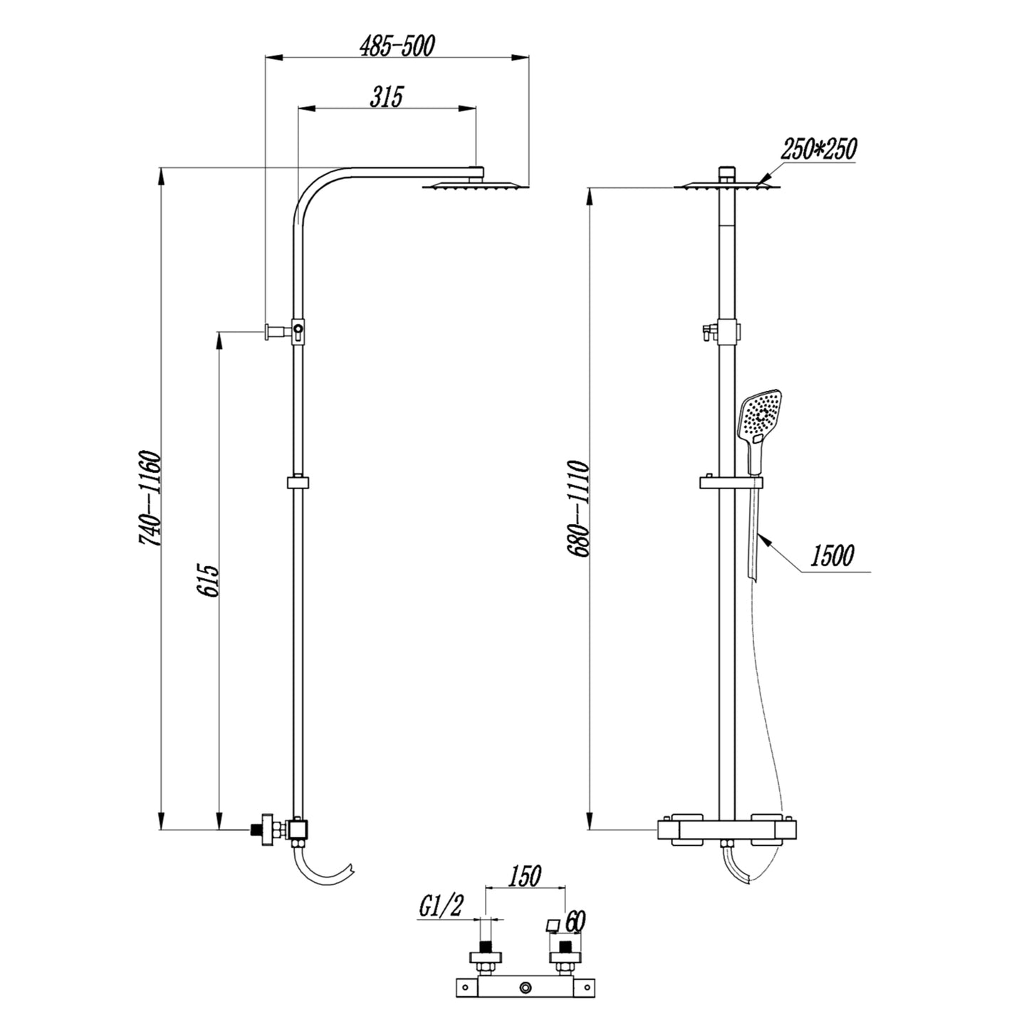 Heiler Thermostatic Square Cool Touch Rigid Riser Shower
