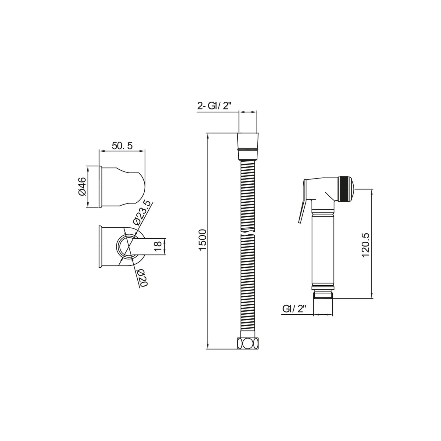 Chrome Douche Handset, Flexi, Holder and Thermostatic Vertical Valve
