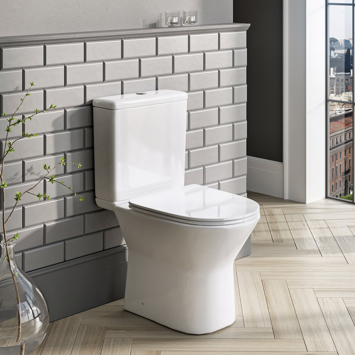 Messiton Rimless Open Back Pan, Including Cistern & Soft Close Seat