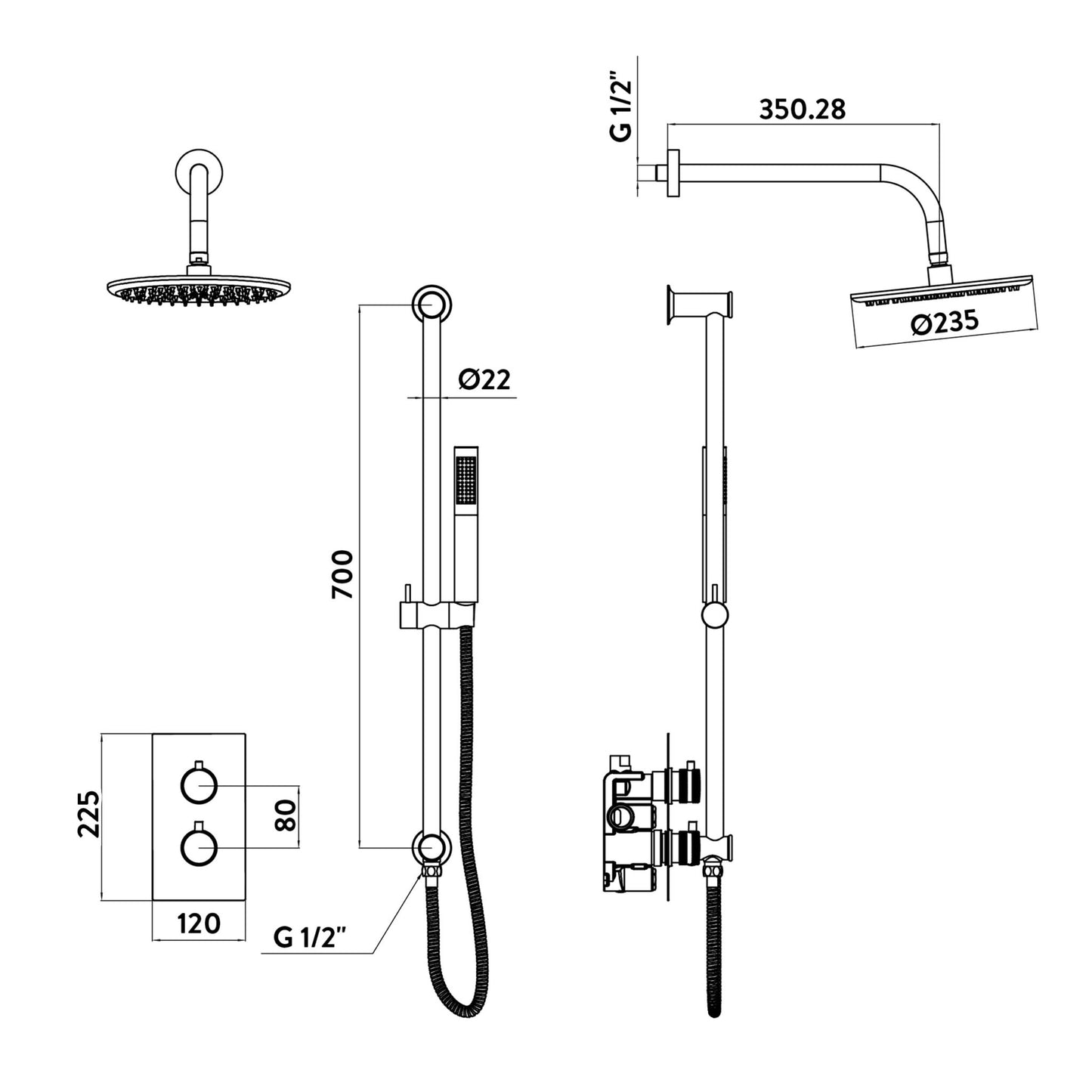 Chrome Round Handle, Head & Handset Riser Kit