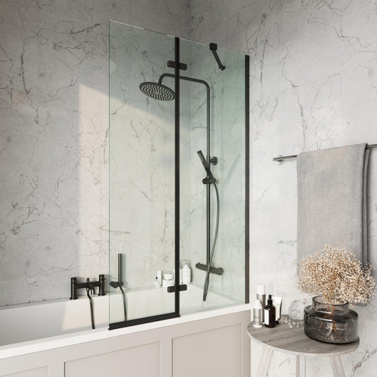 Black Square 900mm Pivot Bath Screen &  Fixed Panel