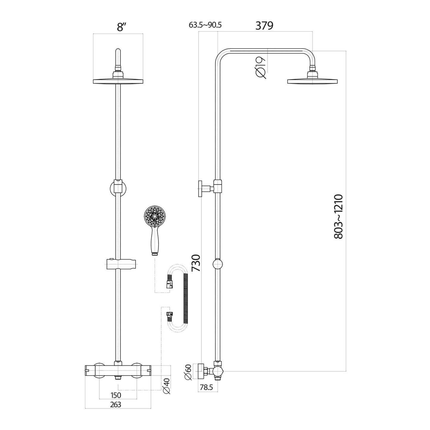 Messiton Chrome Round Rigid Riser Shower