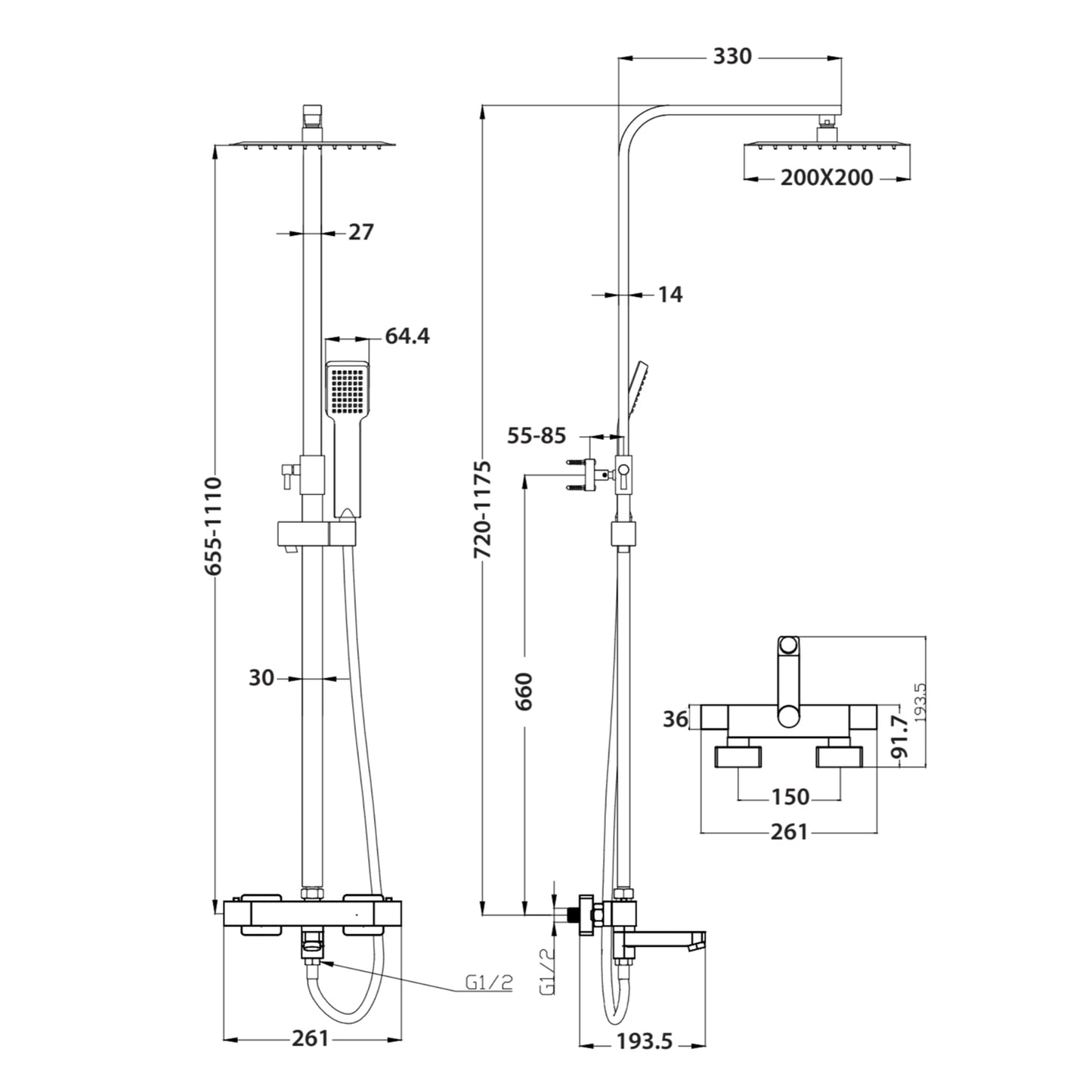 Block Rigid Riser Shower with Bath Filler