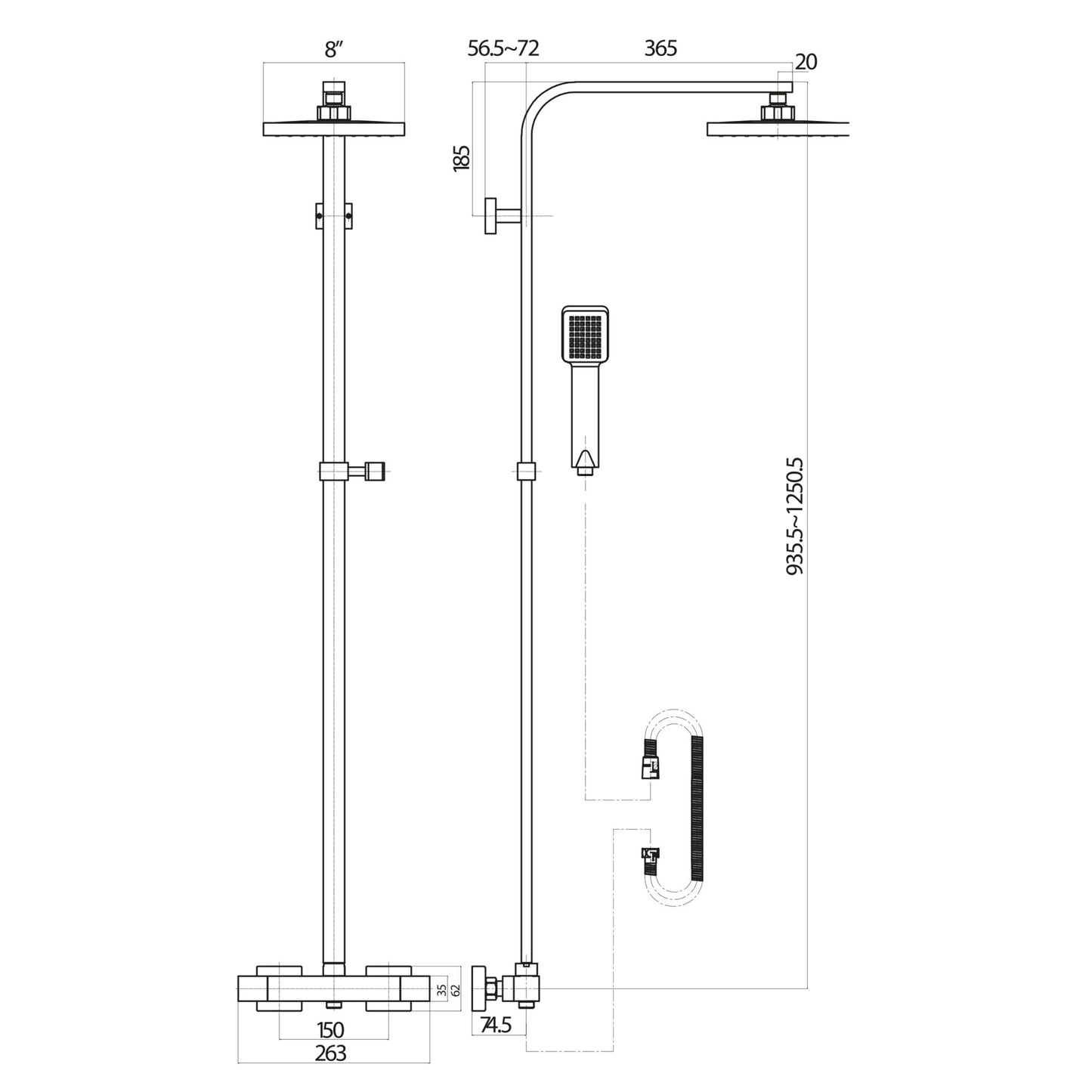 Elliot Chrome Square Thermostatic Rigid Riser Shower