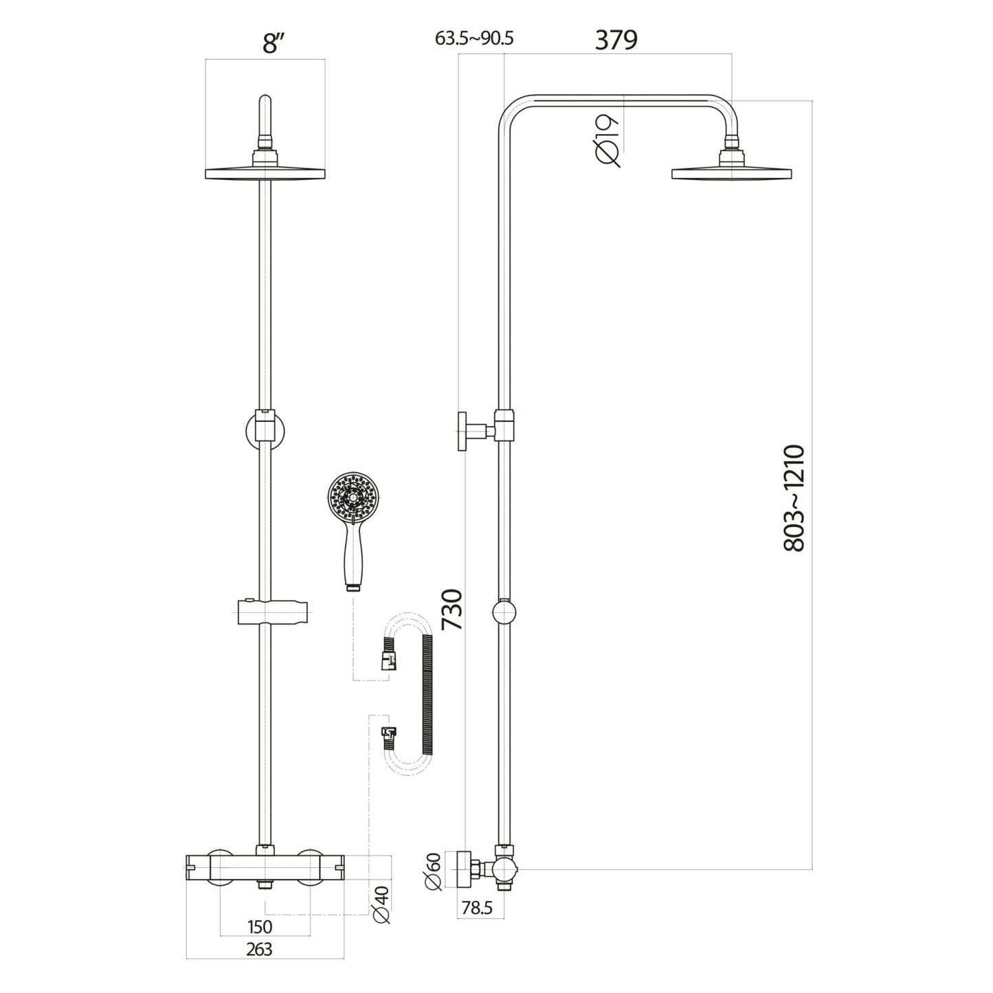 Chrome Round Thermostatic Rigid Riser Shower