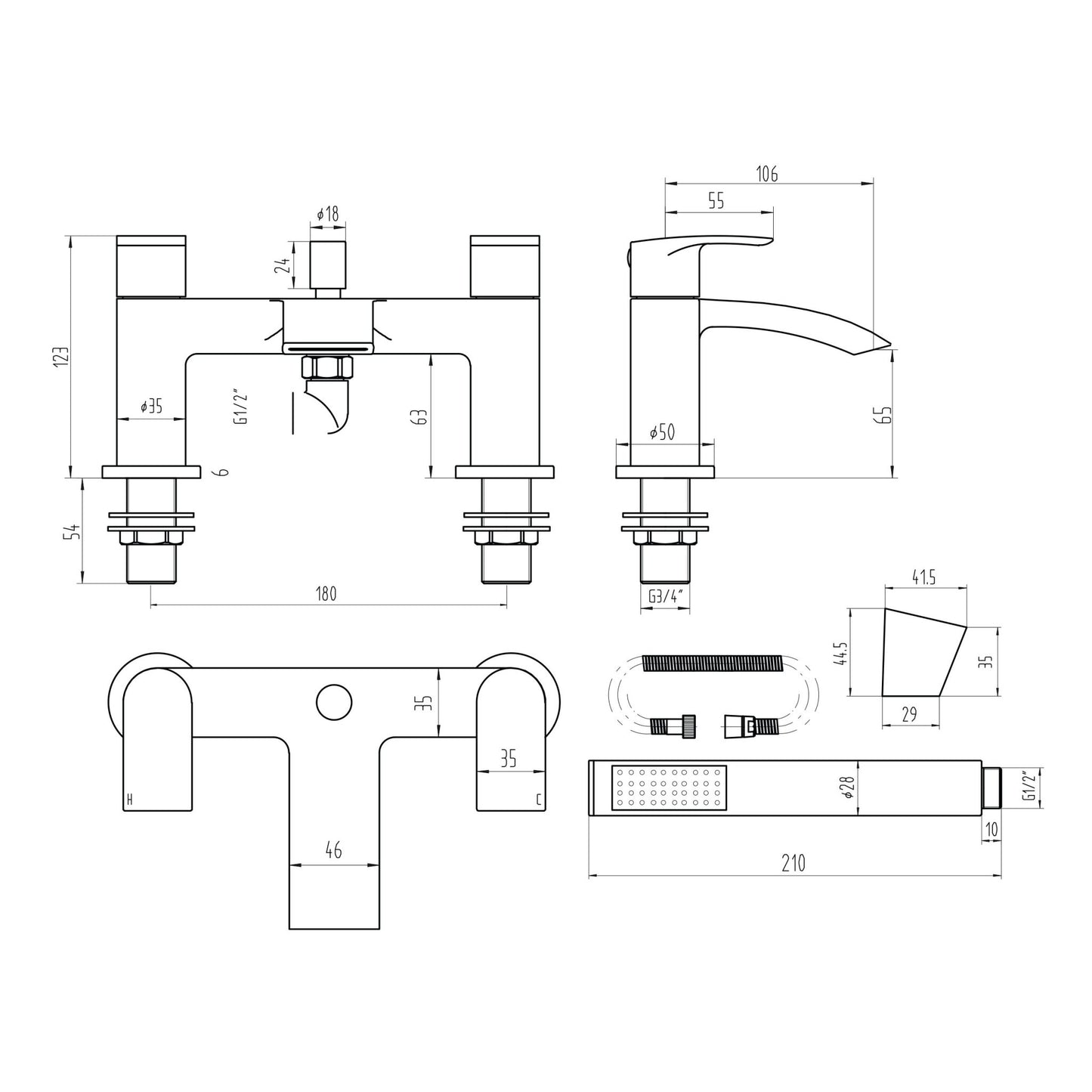 Bellknee Bath Shower Mixer Tap with shower kit and wall bracket