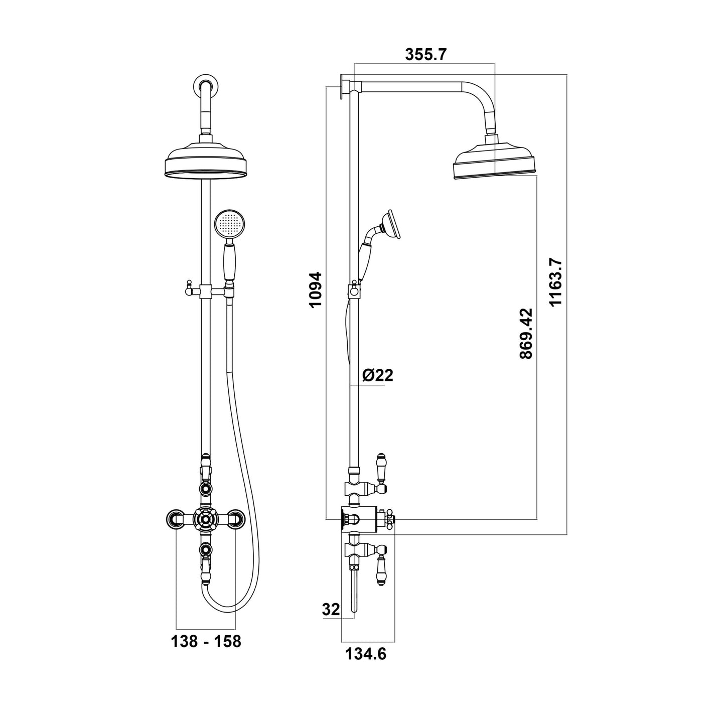 Traditional Fixed Head Thermostatic Rigid Riser Shower & Handset